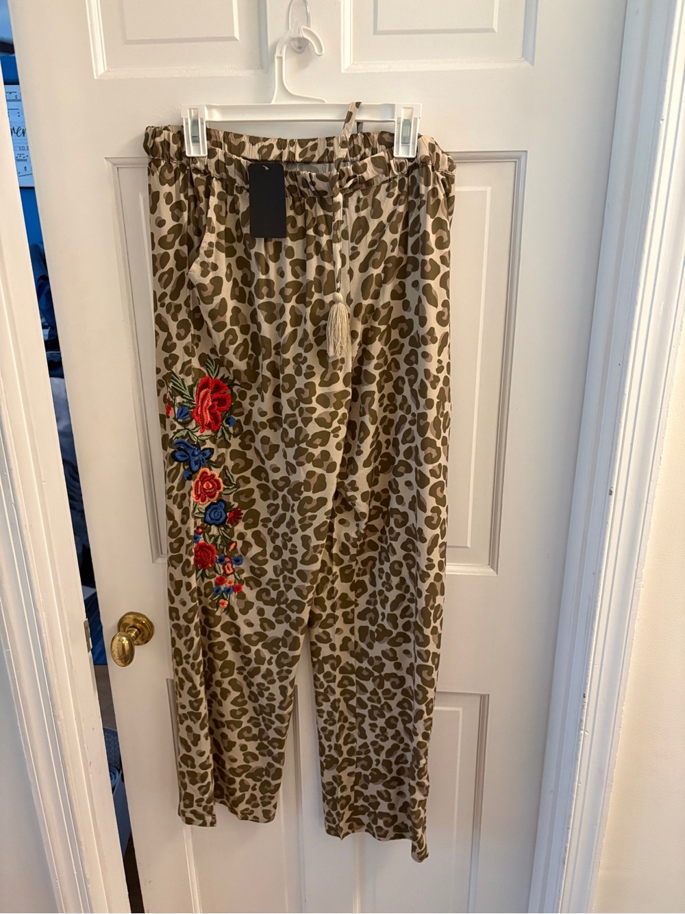 NWT Boutique Leopard Print Drawstring Pants with Floral Embroidery